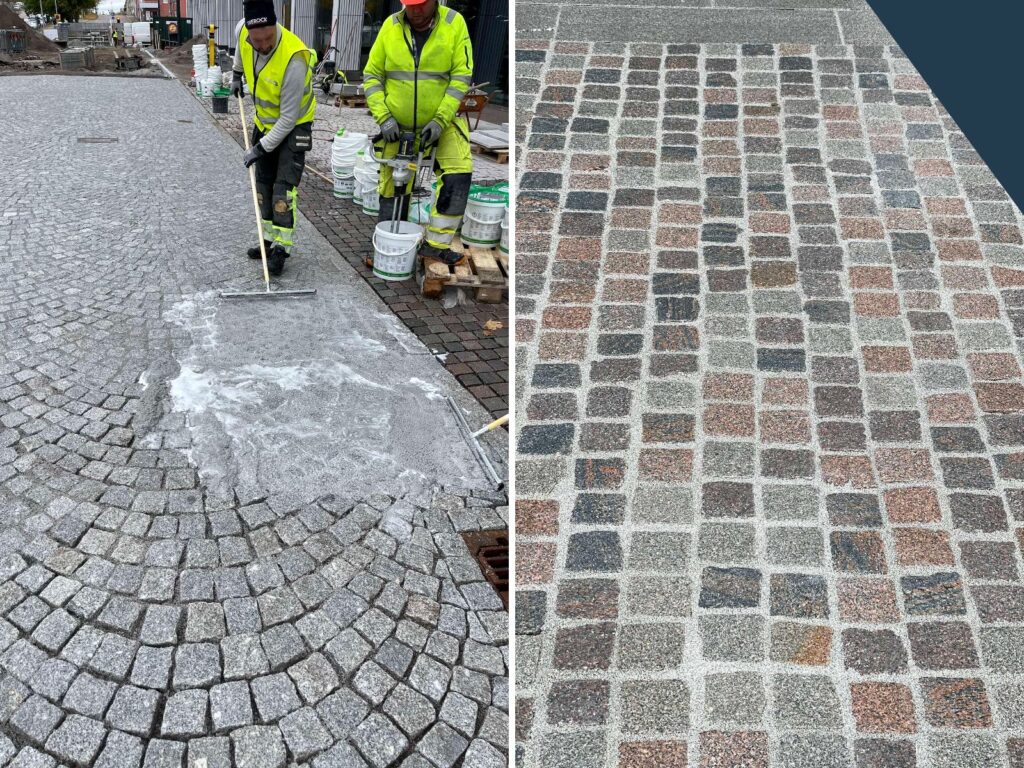 Fogning av smågatsten med hårdfog och färdigfogad smågatsten